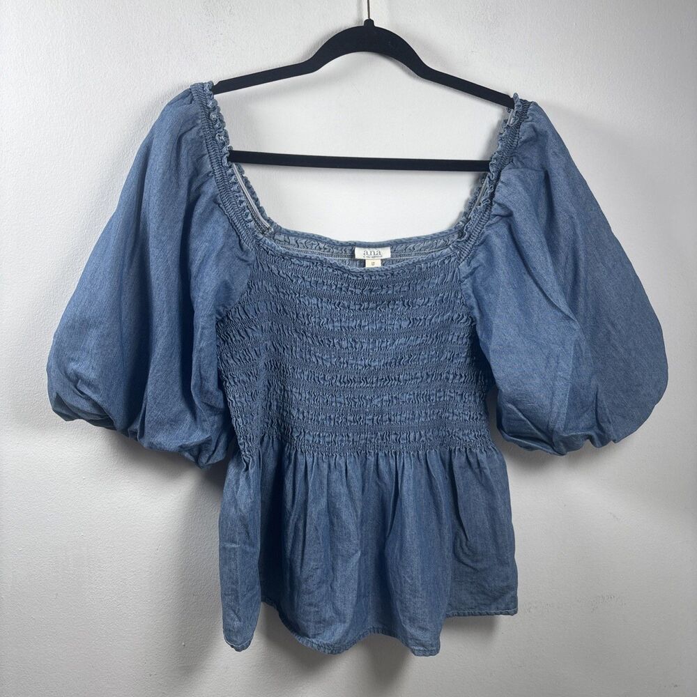 ANA New Approach Chambray Smocked Peplum Blouse LT Puff Sleeve Cottagecore - Picture 2 of 11